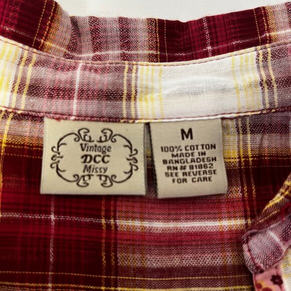 Vintage DCC Missy Casual Top Red White Plaid Sz M Cotton 3/4 Sleeve Collar - Picture 13 of 16